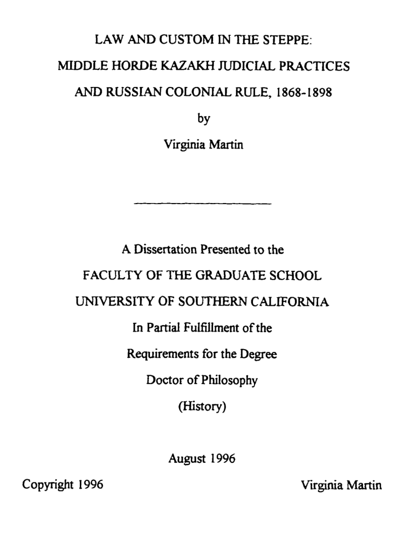 Law and custom in the steppe: Middle Horde Kazakh judicial practices and Russian colonial rule, 1868-1898｜